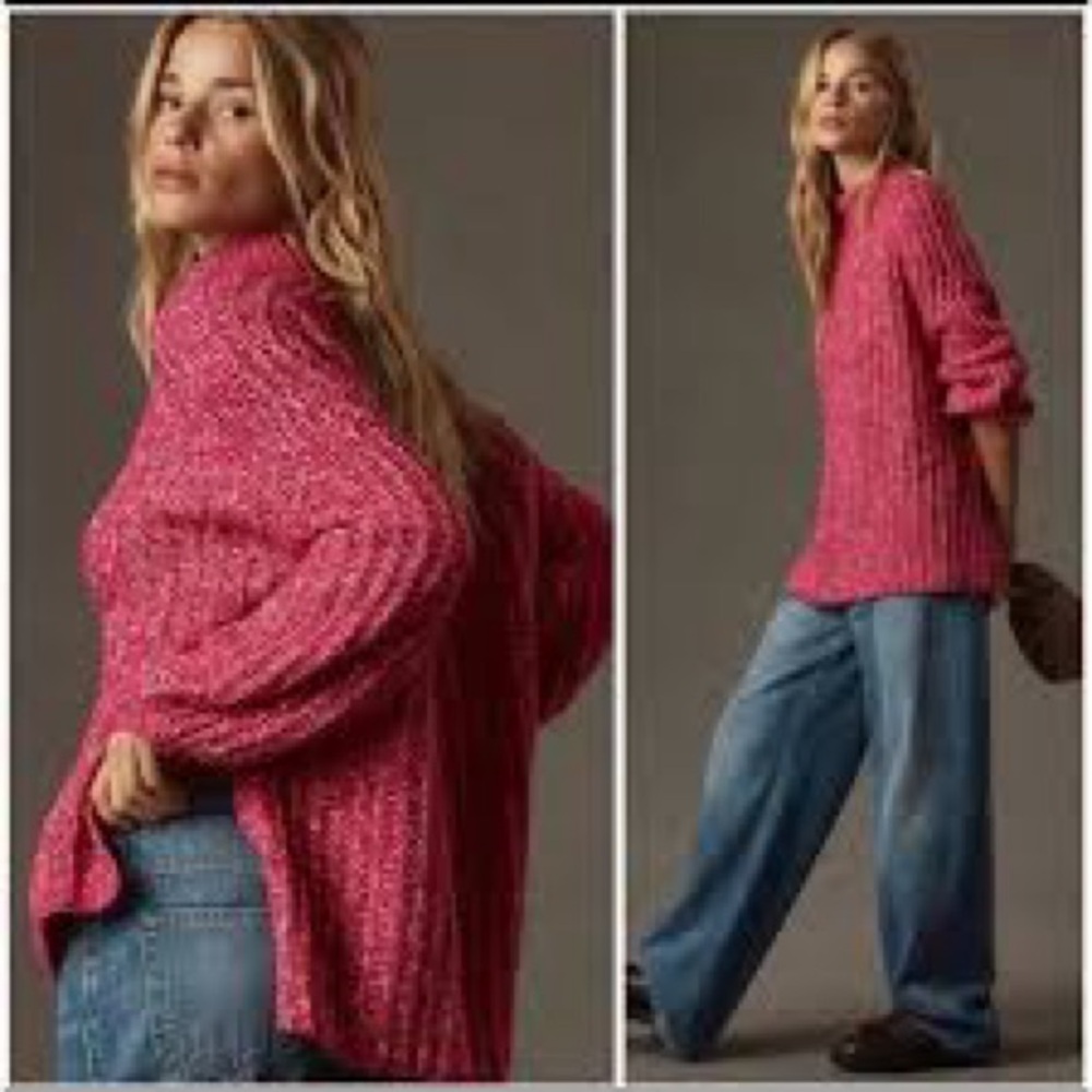 Pilcro Textured Tunic Sweater Anthropologie Wool Blend Pink White‎ Baggy Size S